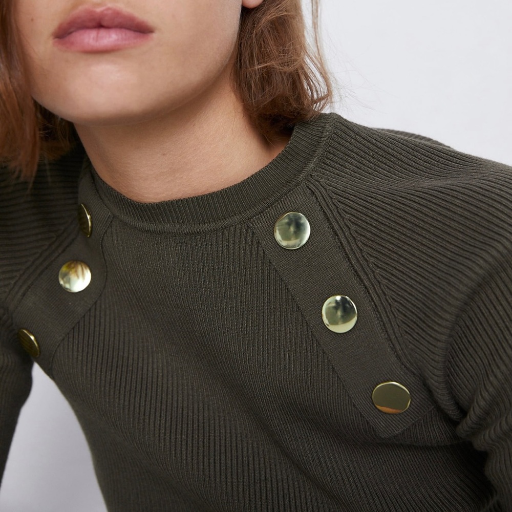 Zara Olive Green Ribbed Sweater with Gold Buttons